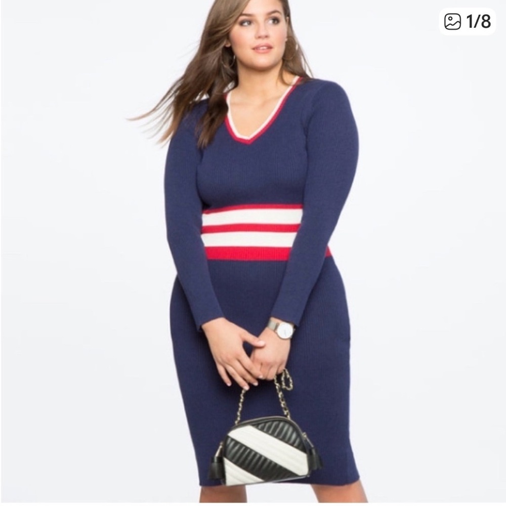 NWT Eloquii x Katie Sturino V-Neck Ribbed Varsity Colun Long Sleeve Dress | 12